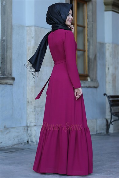 Pınar Şems Eteği Fırfırlı Elbise Fuşya