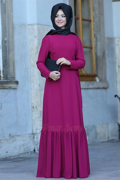 Pınar Şems Eteği Fırfırlı Elbise Fuşya