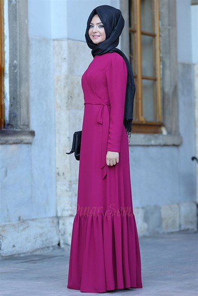 Pınar Şems Eteği Fırfırlı Elbise Fuşya