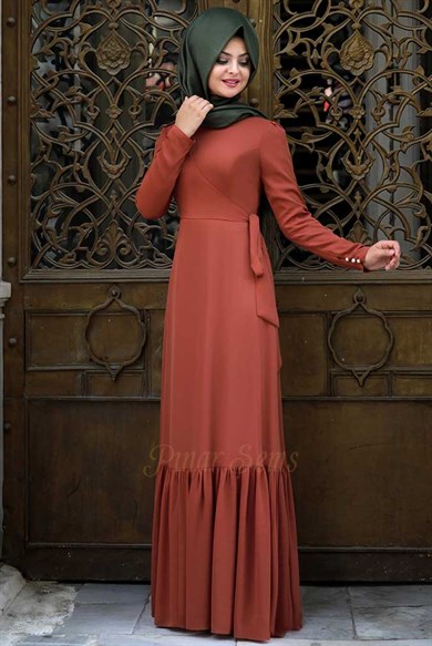 Pınar Şems Eteği Fırfırlı Elbise Kiremit