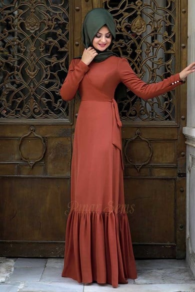 Pınar Şems Eteği Fırfırlı Elbise Kiremit