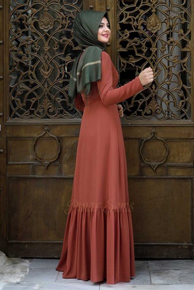 Pınar Şems Eteği Fırfırlı Elbise Kiremit