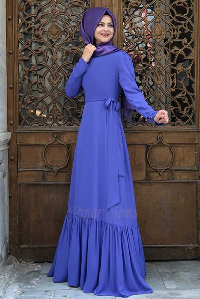 Pınar Şems Eteği Fırfırlı Elbise Saks