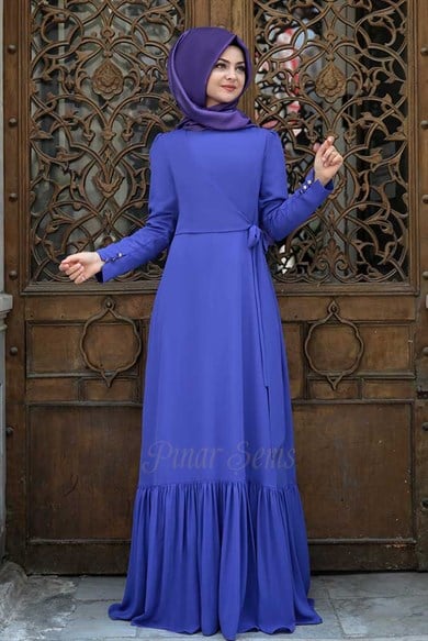 Pınar Şems Eteği Fırfırlı Elbise Saks