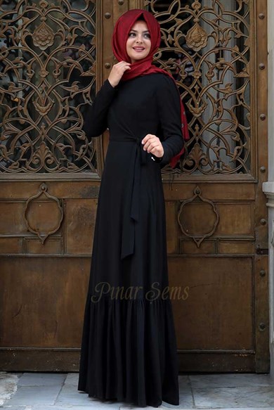 Pınar Şems Eteği Fırfırlı Elbise Siyah