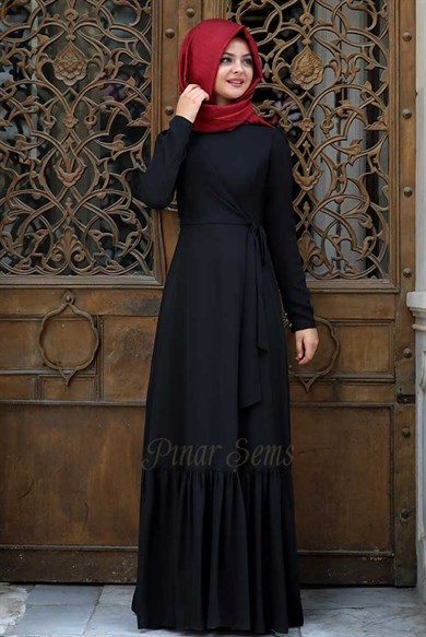 Pınar Şems Eteği Fırfırlı Elbise Siyah