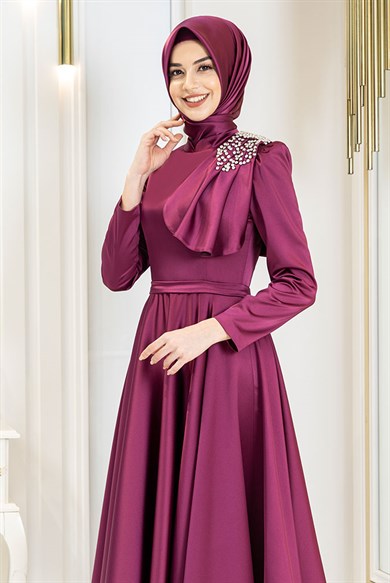 Pınar Şems Fiyonklu Saten Abiye Fuşya
