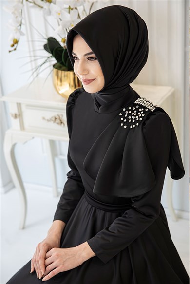 Pınar Şems Fiyonklu Saten Abiye Siyah