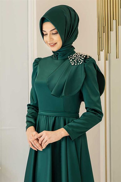 Pınar Şems Fiyonklu Saten Abiye Zümrüt