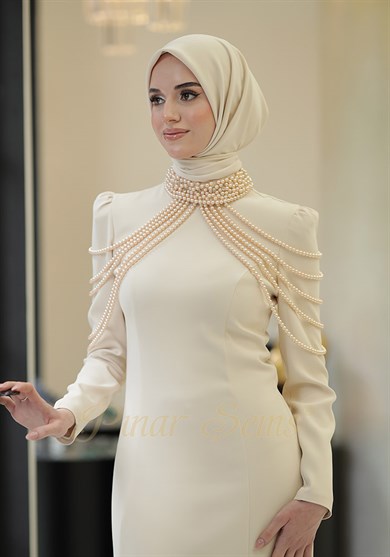 Pınar Şems İnci Nur Abiye Krem