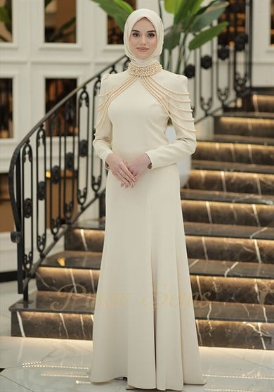 Pınar Şems İnci Nur Abiye Krem