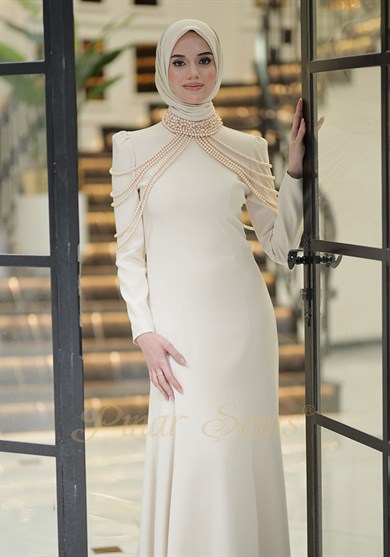 Pınar Şems İnci Nur Abiye Krem