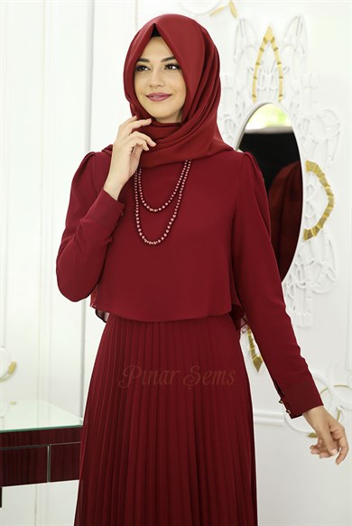 Pınar Şems İnci Piliseli Elbise Bordo