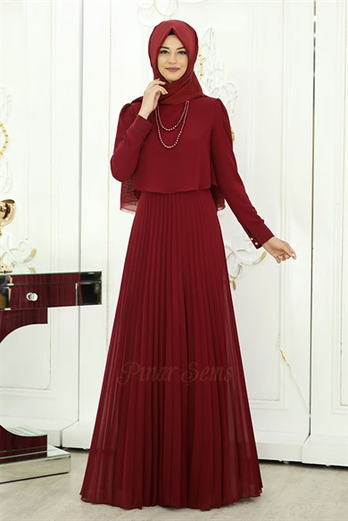Pınar Şems İnci Piliseli Elbise Bordo