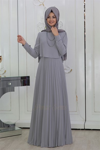 Pınar Şems İnci Piliseli Elbise Gri