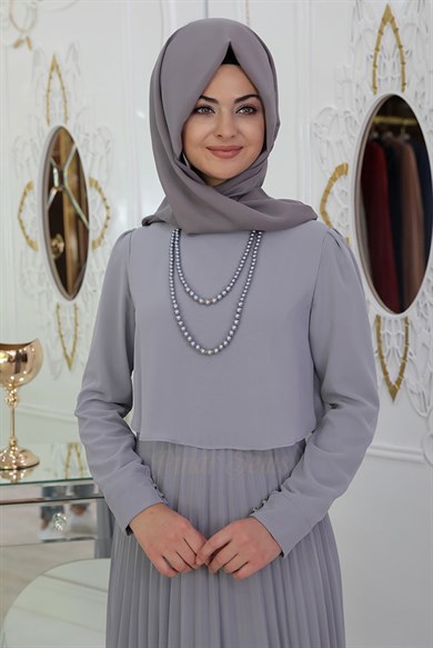 Pınar Şems İnci Piliseli Elbise Gri