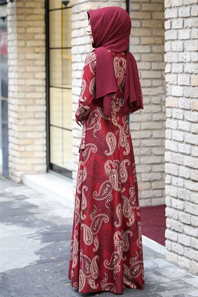 Pınar Şems Kışlık Etnik Elbise Bordo