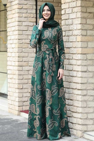 Pınar Şems Kışlık Etnik Elbise Yeşil