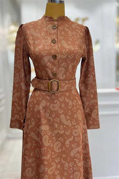 Pınar Şems Kışlık Şal Desen Elbise Kiremit