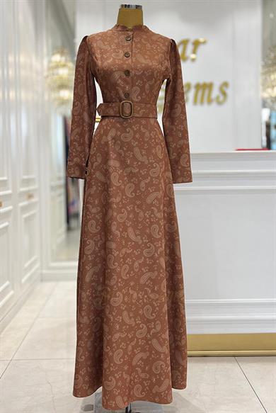 Pınar Şems Kışlık Şal Desen Elbise Kiremit