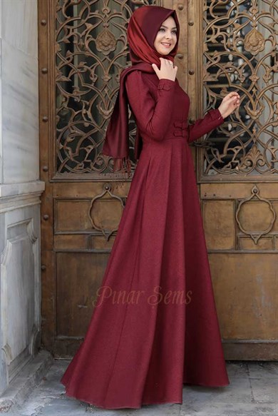 Pınar Şems Korsajlı Elbise Bordo