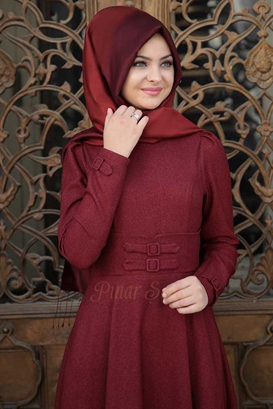Pınar Şems Korsajlı Elbise Bordo