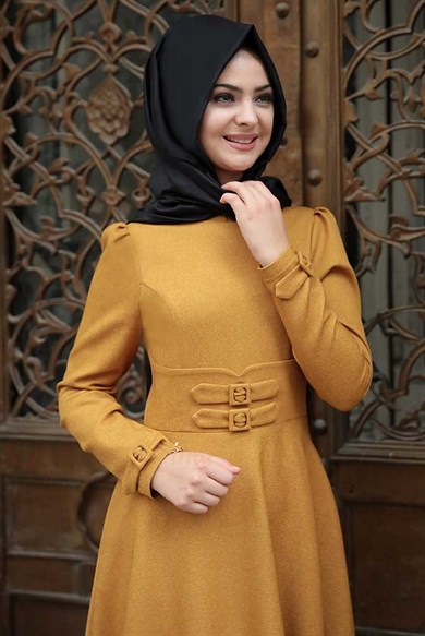 Pınar Şems Korsajlı Elbise Hardal