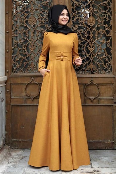 Pınar Şems Korsajlı Elbise Hardal