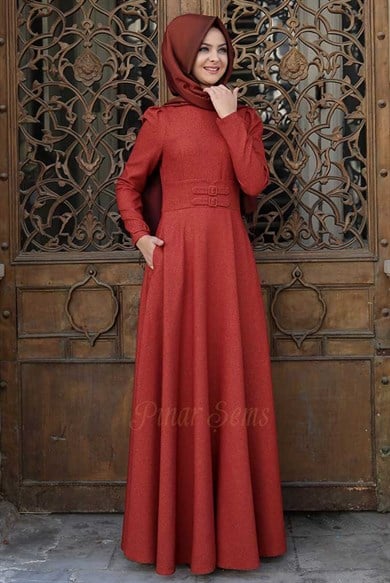 Pınar Şems Korsajlı Elbise Kiremit