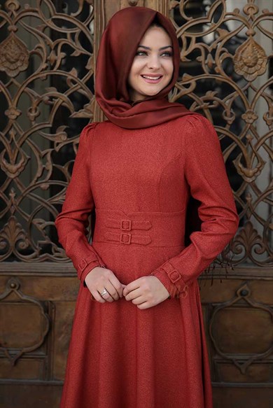 Pınar Şems Korsajlı Elbise Kiremit