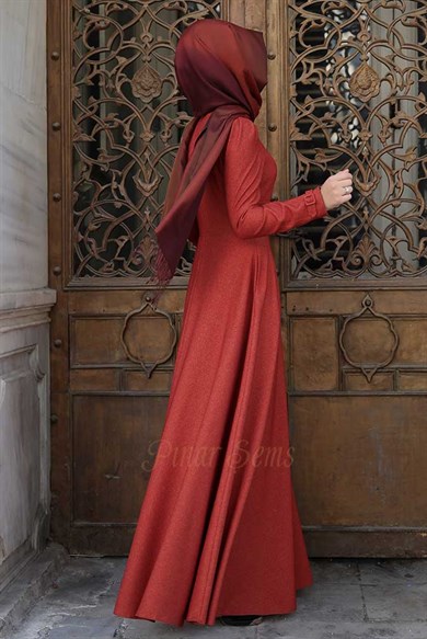 Pınar Şems Korsajlı Elbise Kiremit