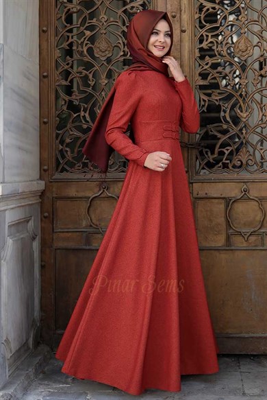 Pınar Şems Korsajlı Elbise Kiremit