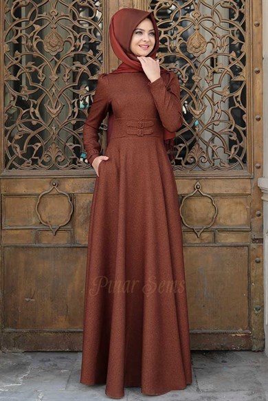 Pınar Şems Korsajlı Elbise Taba