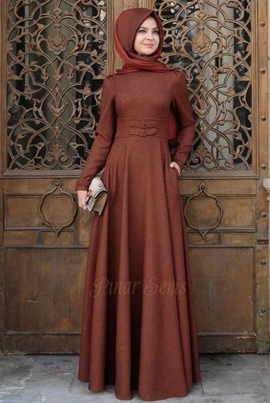 Pınar Şems Korsajlı Elbise Taba