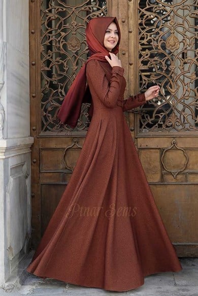 Pınar Şems Korsajlı Elbise Taba