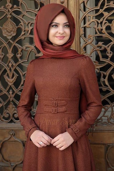 Pınar Şems Korsajlı Elbise Taba