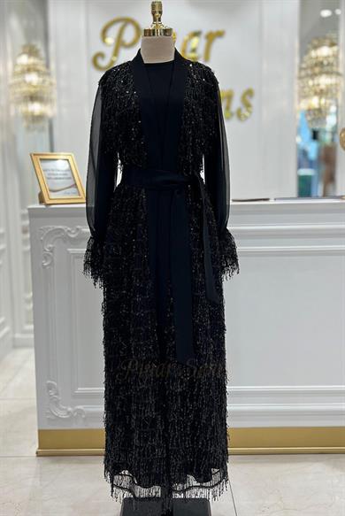Pınar Şems Püsküllü Abaya Siyah