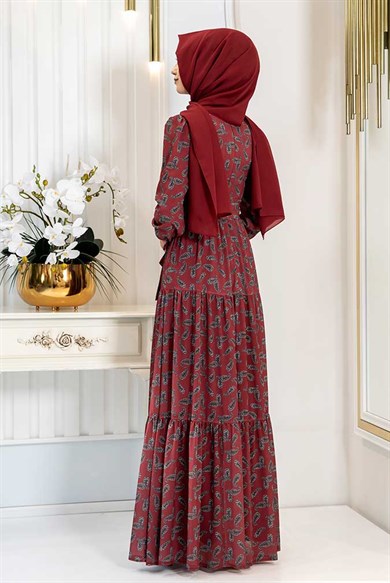 Pınar Şems Şal Desen Elbise Bordo