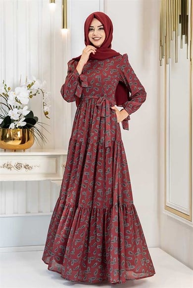 Pınar Şems Şal Desen Elbise Bordo