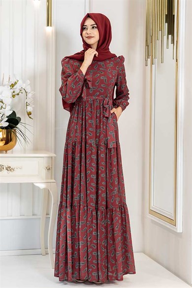 Pınar Şems Şal Desen Elbise Bordo