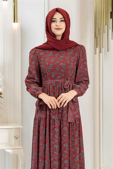 Pınar Şems Şal Desen Elbise Bordo