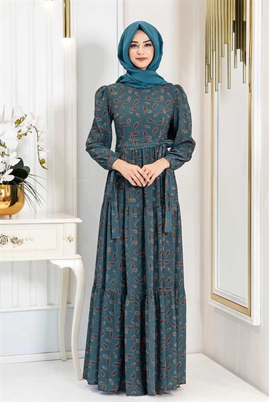 Pınar Şems Şal Desen Elbise Petrol