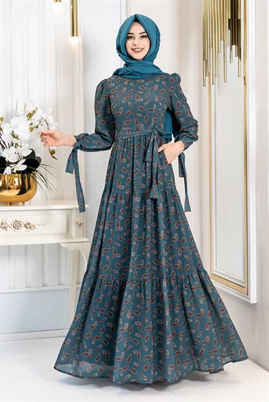 Pınar Şems Şal Desen Elbise Petrol