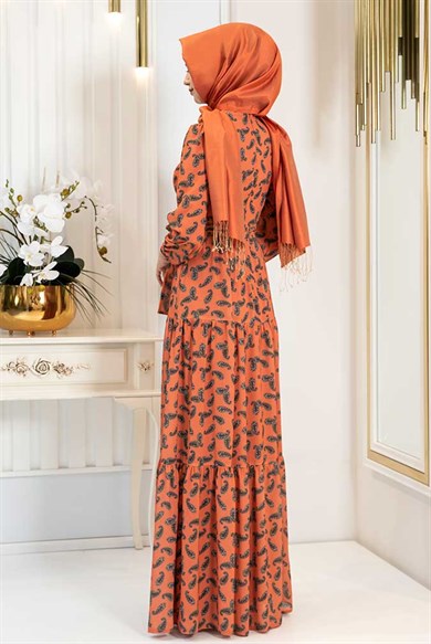 Pınar Şems Şal Desen Elbise Turuncu