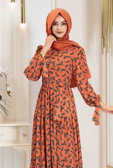 Pınar Şems Şal Desen Elbise Turuncu