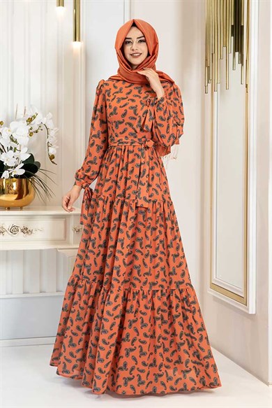 Pınar Şems Şal Desen Elbise Turuncu