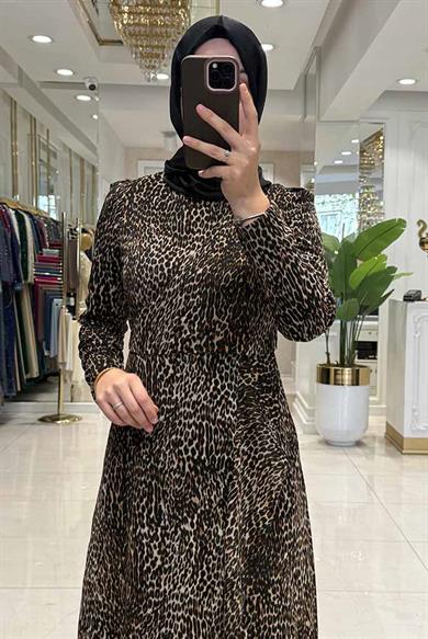 Pınar Şems Şifon Leopar Elbise Kahverengi