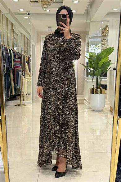 Pınar Şems Şifon Leopar Elbise Kahverengi