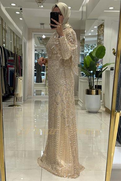 Pınar Şems Taşlı Lavanta Abiye Krem