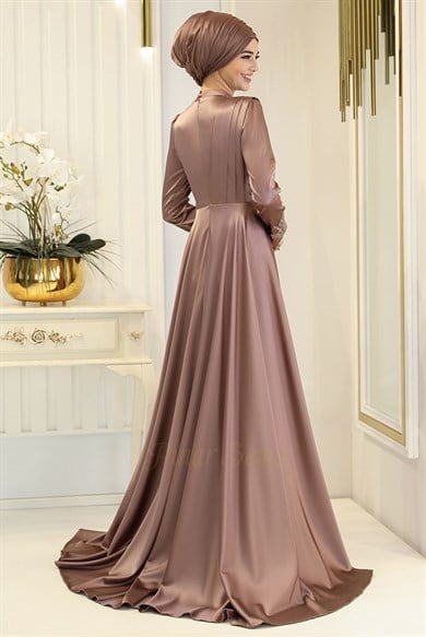 Pınar Şems Omzu Drapeli Abiye Kahverengi